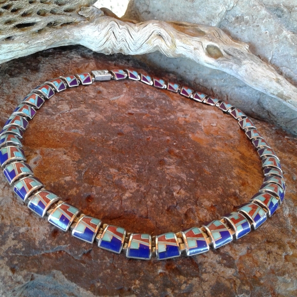 Sterling Silver multi inlay choker necklace set - Picture 11 of 16